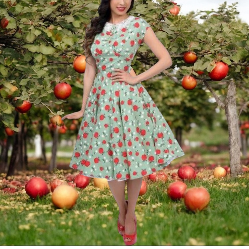HELL BUNNY VIXEN APPLE PRINT SAGE GREEN VITAGE STYLE LACE COLLAR
PIN-UP 
M